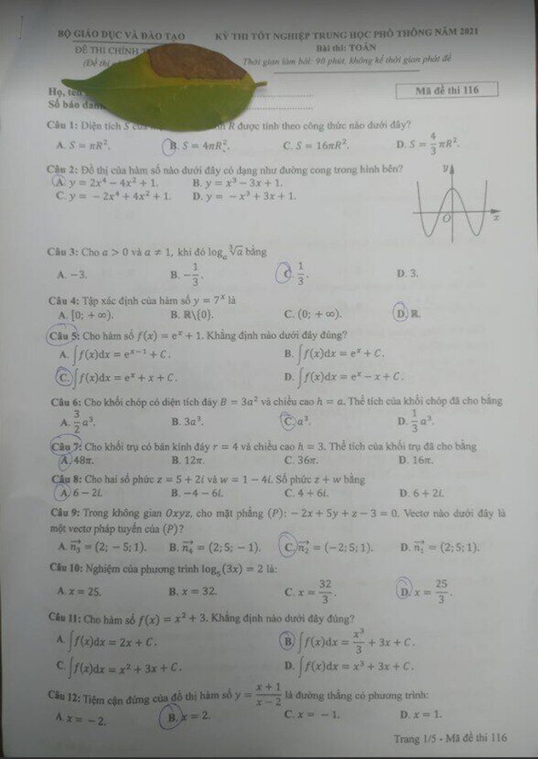 Đề thi m&ocirc;n To&aacute;n Tốt nghiệp THPT năm 2021 tham khảo