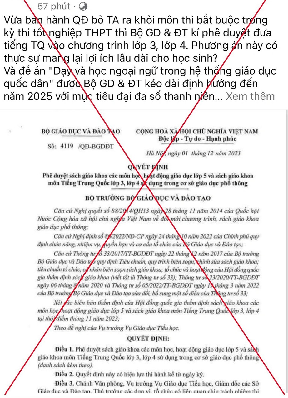 Đề nghị điều tra thông tin xuyên tạc việc phê duyệt SGK tiếng Trung Quốc lớp 3, lớp 4 - Ảnh 1.