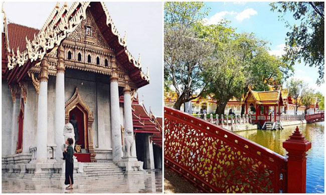 Wat Benchamabophit, Bangkok: C&ograve;n được gọi l&agrave; ng&ocirc;i đền bằng đ&aacute; cẩm thạch, Wat Benchamabophit tự h&agrave;o với những cửa sổ k&iacute;nh m&agrave;u v&agrave; b&ecirc;n trong ng&ocirc;i đền ho&agrave;n to&agrave;n được l&agrave;m bằng đ&aacute; cẩm thạch Carrara nhập khẩu từ &Yacute;.
