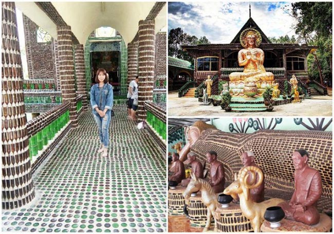 Wat Larn Kuad, Sisaket: Ng&ocirc;i đền th&acirc;n thiện với m&ocirc;i trường n&agrave;y c&ograve;n được gọi l&agrave; Đền triệu chai, bởi được l&agrave;m bằng gần 1,5 triệu chai bia thủy tinh t&aacute;i chế (chủ yếu l&agrave; chai Heineken v&agrave; Chang Bia).
