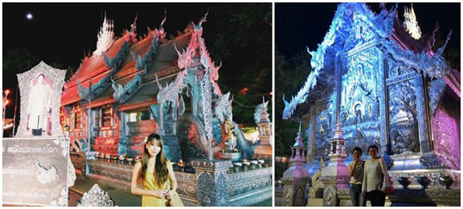 Wat Srisuphan, Chiang Mai: C&ograve;n được gọi l&agrave; Đền Bạc, ng&ocirc;i đền lung linh tỏa s&aacute;ng bởi được trang tr&iacute; đặc biệt với nghệ thuật bạc r&egrave;n v&agrave; những sắc m&agrave;u xanh độc đ&aacute;o.
