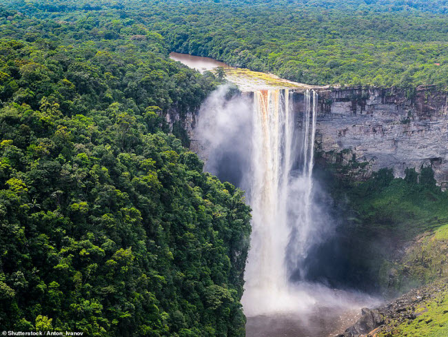 Vẻ đẹp h&ugrave;ng vĩ của th&aacute;c nước Kaieteur trong vườn quốc gia Kaieteur ở Guyana. Bắt nguồn từ s&ocirc;ng Potaro, th&aacute;c chảy xuống v&aacute;ch n&uacute;i c&oacute; chiều cao 225m.
