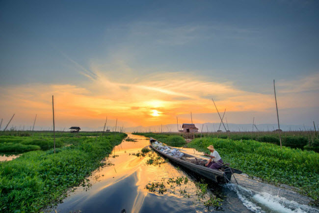 Ng&ocirc;i l&agrave;ng nổi tr&ecirc;n hồ Inle l&agrave; nơi sinh sống của người Intha. Cư d&acirc;n ở đ&acirc;y trồng rau tr&ecirc;n c&aacute;c khu vườn nổi hay thuyền. Họ trao đổi h&agrave;ng h&oacute;a tại c&aacute;c chợ nổi v&agrave; d&ugrave;ng thuyền để di chuyển tr&ecirc;n hồ.