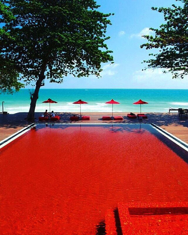 The Library, Th&aacute;i Lan: Bể bơi tại khu nghỉ dưỡng ở Samui ban đầu tr&ocirc;ng hơi kinh h&atilde;i với m&agrave;u đỏ như m&aacute;u, nhưng đ&oacute; l&agrave; chỉ kết quả của việc kết hợp gạch ốp c&oacute; m&agrave;u cam, v&agrave;ng v&agrave; đỏ.
