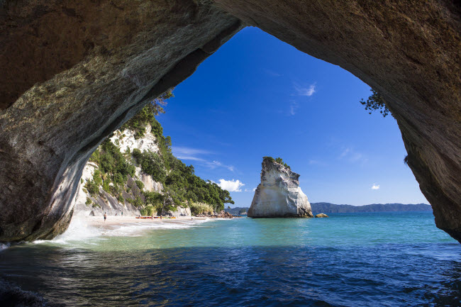 Cathedral Cove, New Zealand: Hang động n&agrave;y tr&ecirc;n bờ biển Th&aacute;i B&igrave;nh Dương ở Coromandel l&agrave; địa điểm bơi v&agrave; lặn hấp dẫn. Du kh&aacute;ch c&oacute; thể dễ d&agrave;ng tiếp cận địa điểm n&agrave;y từ b&atilde;i biển Hahei gần đ&oacute;.
