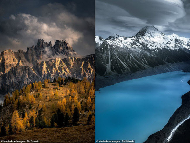 Nhiếp ảnh gia Sid Ghosh chụp d&atilde;y n&uacute;i Dolomites ở Italia (tr&aacute;i) v&agrave; n&uacute;i Cook ở New Zealand (phải).
