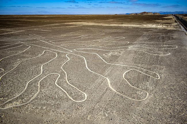 H&igrave;nh khắc Nazca, Peru: Khoảng 300 nh&acirc;n vật từ một c&ocirc; b&eacute; đến con chim ruồi được khắc v&agrave;o c&aacute;t trong sa mạc Peru. Những h&igrave;nh ảnh n&agrave;y k&eacute;o d&agrave;i suốt 3.2km v&agrave; được coi l&agrave; một cuốn lịch khổng lồ.
