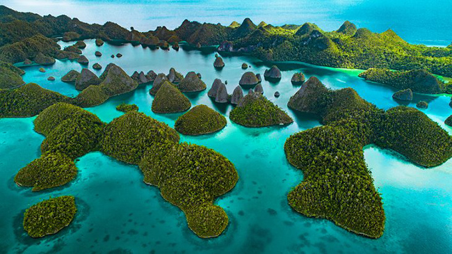 Raja Ampat: V&ugrave;ng đất kh&aacute; tươi tốt của những h&ograve;n đảo h&igrave;nh n&oacute;n nằm tr&ecirc;n nền nước xanh lam v&agrave; ngọc lam l&agrave; một trong những điểm tham quan ngoạn mục nhất của Indonesia.&nbsp;

