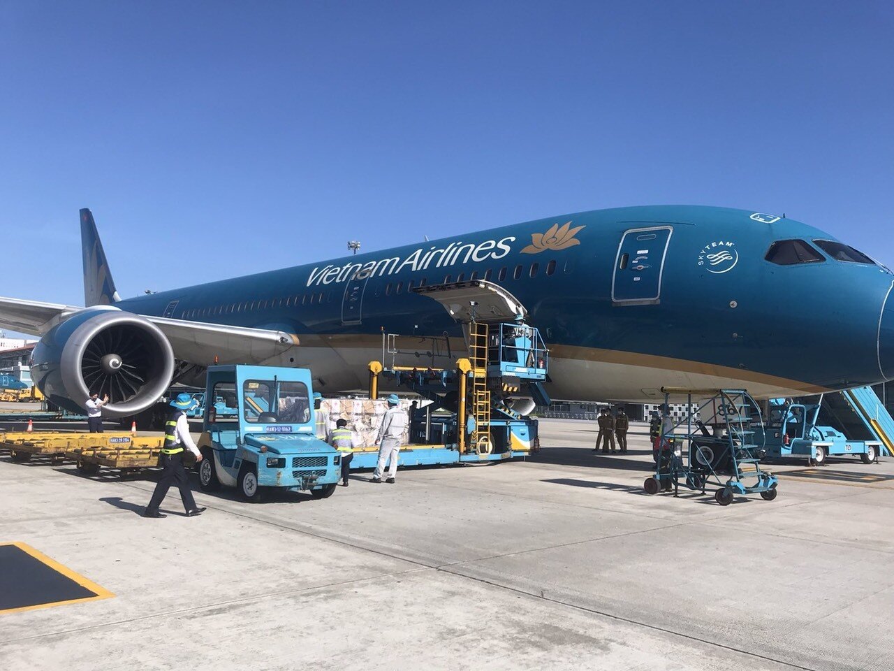 Vietnam Airlines bố tr&iacute; đội ngũ d&agrave;y dặn kinh nghiệm xử l&yacute; h&agrave;ng h&oacute;a y tế để tiếp nhận l&ocirc; h&agrave;ng n&agrave;y ở s&acirc;n bay.