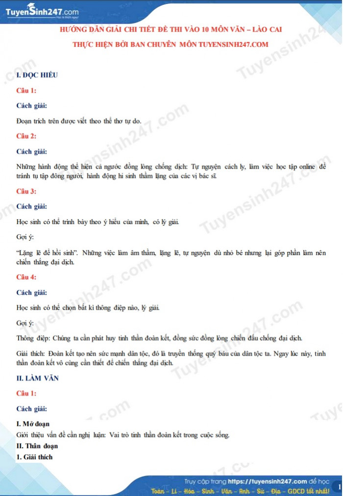 Đ&aacute;p &aacute;n đề thi ngữ văn lớp 10 tỉnh L&agrave;o Cai