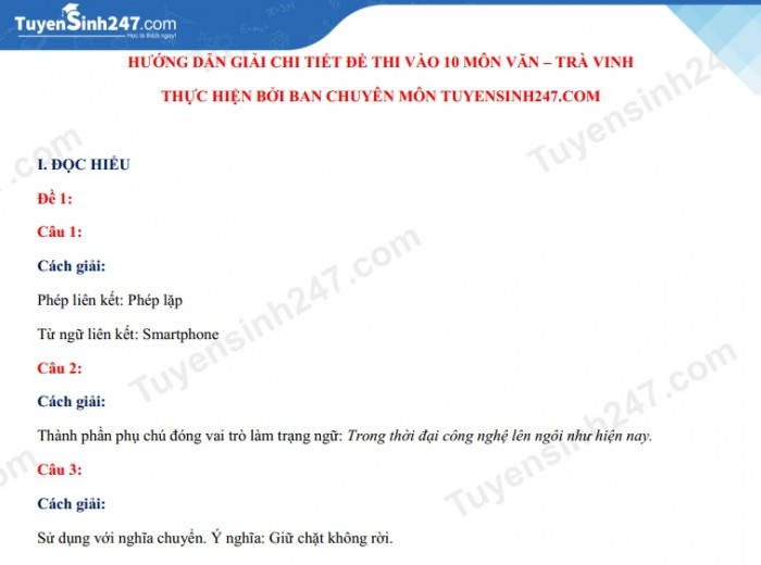 Đ&aacute;p &aacute;n thi lớp 10 m&ocirc;n Ngữ Văn tỉnh Tr&agrave; Vinh 2021