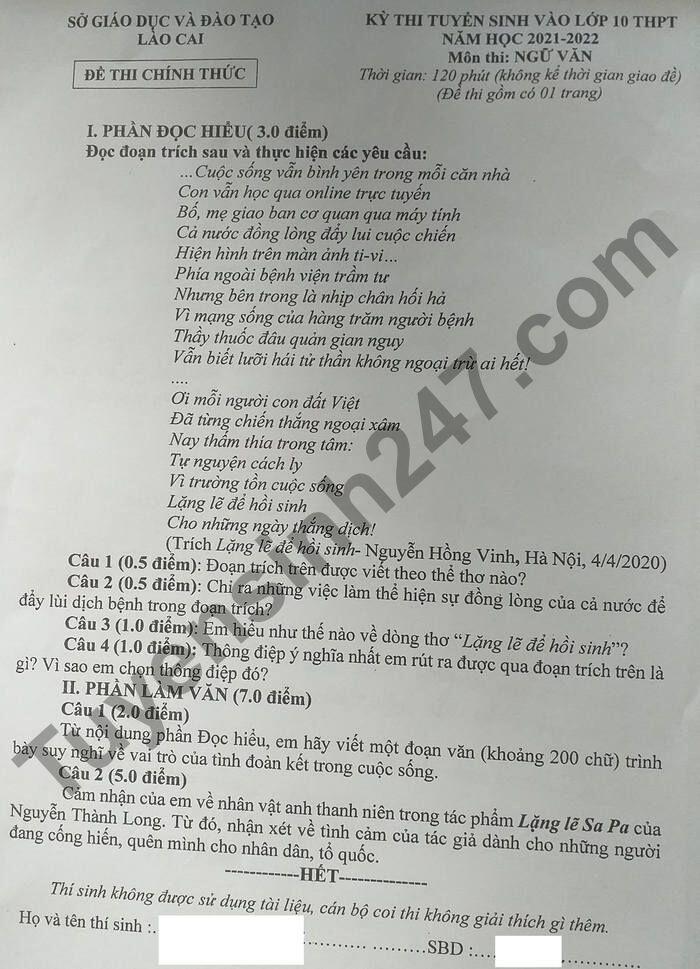 Đề thi ngữ văn lớp 10 tỉnh L&agrave;o Cai 2021