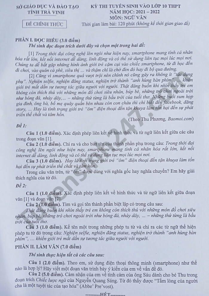 Đề thi tuyển sinh lớp 10 m&ocirc;n Ngữ Văn tỉnh Tr&agrave; Vinh 2021