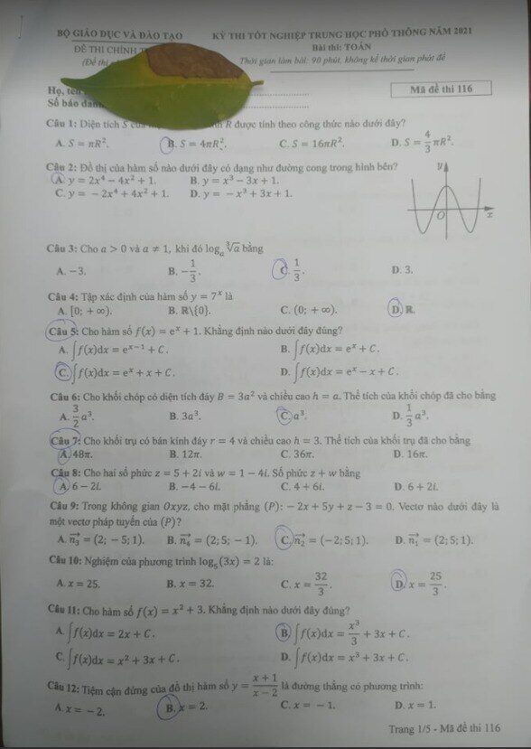 Đề thi m&ocirc;n To&aacute;n Tốt nghiệp THPT năm 2021 tham khảo