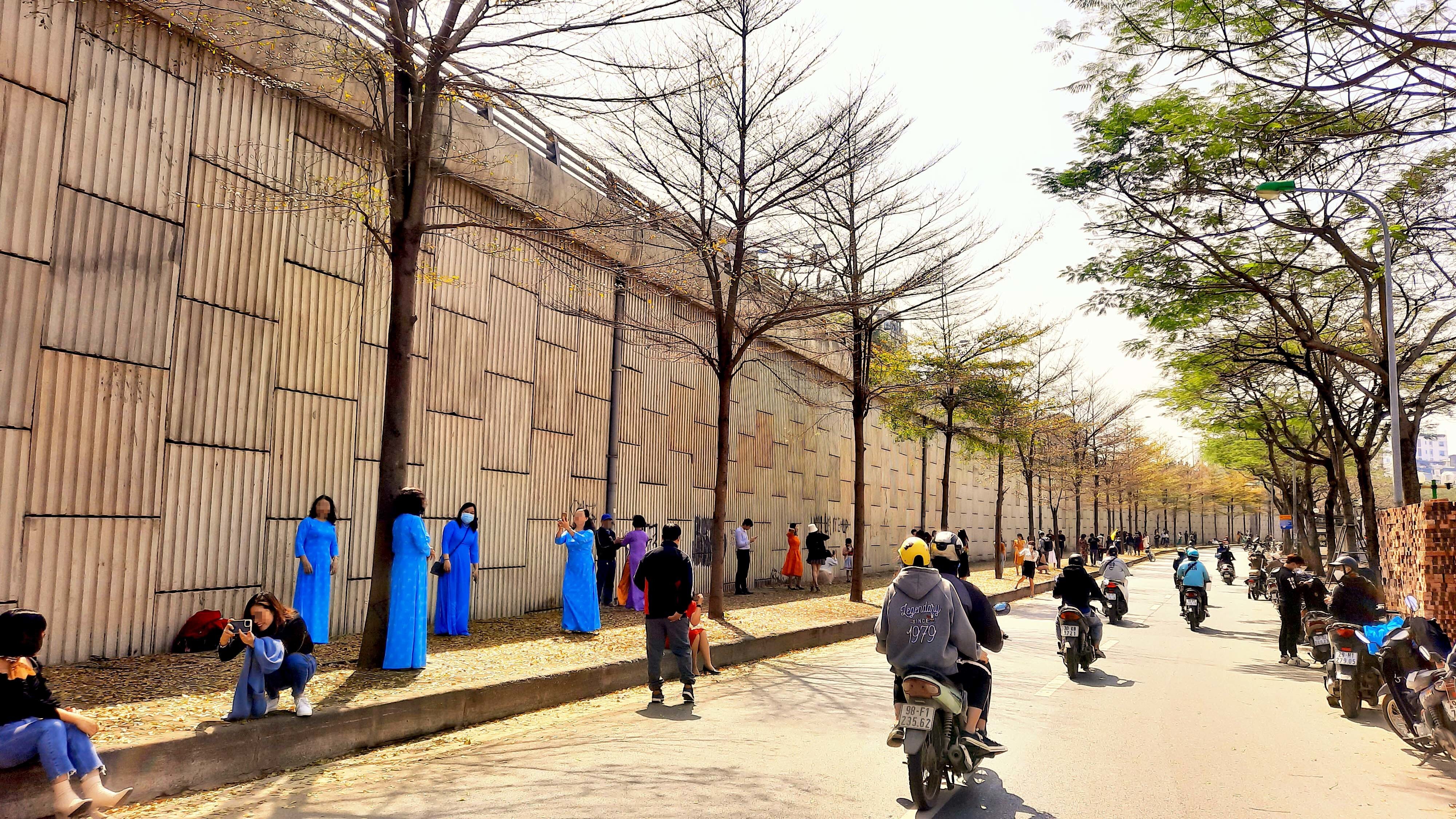 Nhờ những h&agrave;ng c&acirc;y b&agrave;ng ngả sắc v&agrave;ng, tại cung đường bờ s&ocirc;ng T&ocirc; Lịch (đoạn từ cầu T11 đến ng&atilde; tư Nguyễn Kh&aacute;nh To&agrave;n - Đ&agrave;o Tấn) mấy ng&agrave;y nay thu h&uacute;t rất đ&ocirc;ng người d&acirc;n đến chụp ảnh.