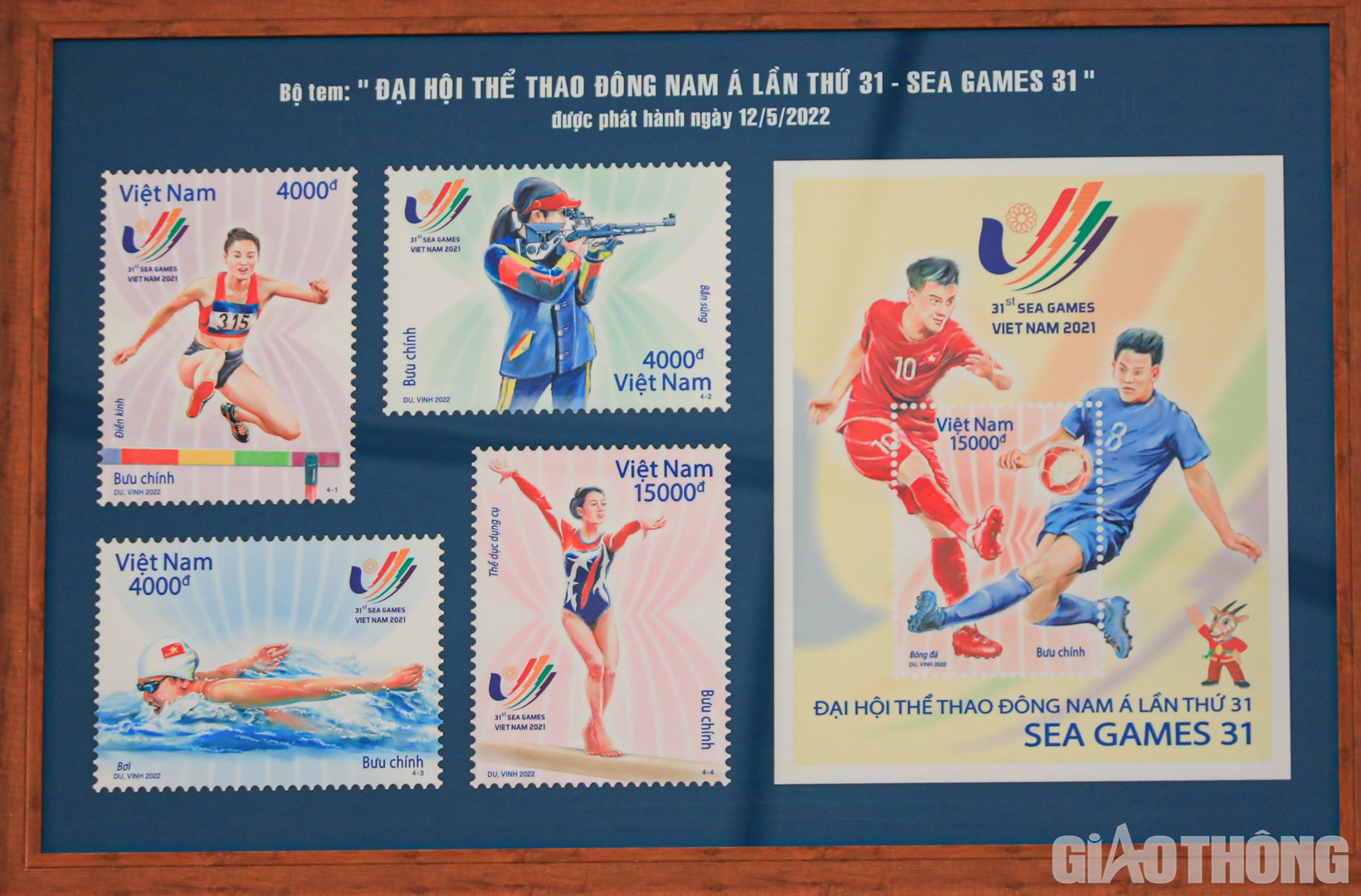 Bộ tem "Đại hội Thể thao Đ&ocirc;ng Nam &Aacute; lần thứ 31 - SEA Games 31" giới thiệu một số m&ocirc;n thể thao thế mạnh của Việt Nam như: Điền kinh; Bắn s&uacute;ng; Bơi; Thể dục dụng cụ; B&oacute;ng đ&aacute;.