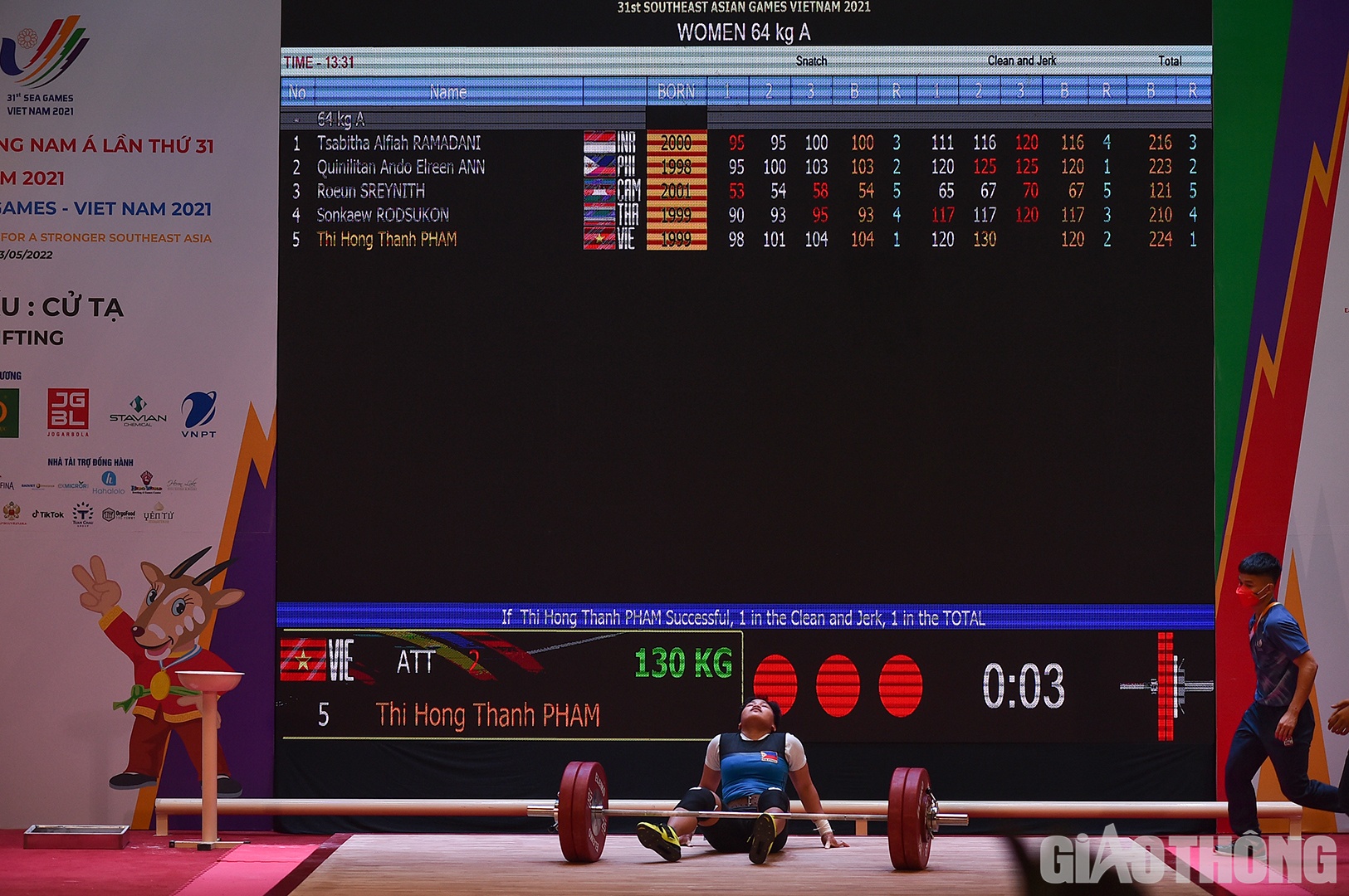 Sau lượt đầu qua mức 120kg, Elreen Ann quyết định n&acirc;ng mức cử đẩy 125kg để đua tranh HCV với Hồng Thanh. Tuy nhi&ecirc;n c&ocirc; kh&ocirc;ng th&agrave;nh c&ocirc;ng ở cả 2 lượt sau đ&oacute;. C&ocirc; thẫn thờ tr&ecirc;n s&acirc;n khi biết tổng cử của m&igrave;nh đ&atilde; thua đối thủ cũ c&aacute;ch đ&acirc;y 3 năm trước.