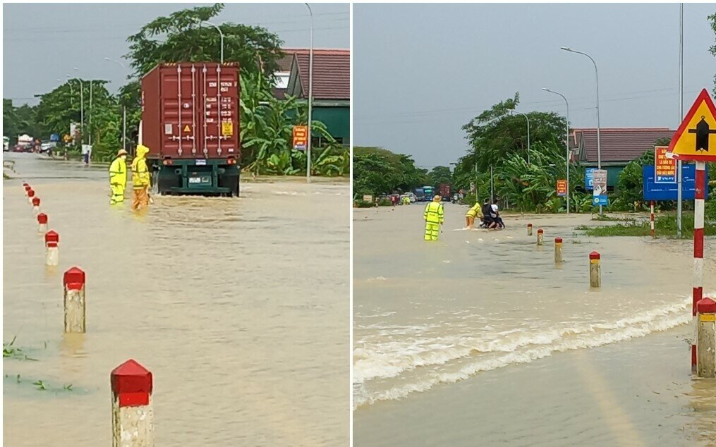 C&ocirc;ng an thị x&atilde; Th&aacute;i H&ograve;a điều tiết, ph&acirc;n luồng giao th&ocirc;ng qua Quốc lộ 48 thuộc địa phận x&oacute;m 3, x&atilde; Nghĩa Thuận, thị x&atilde; Th&aacute;i H&ograve;a. (Ảnh: CANA)