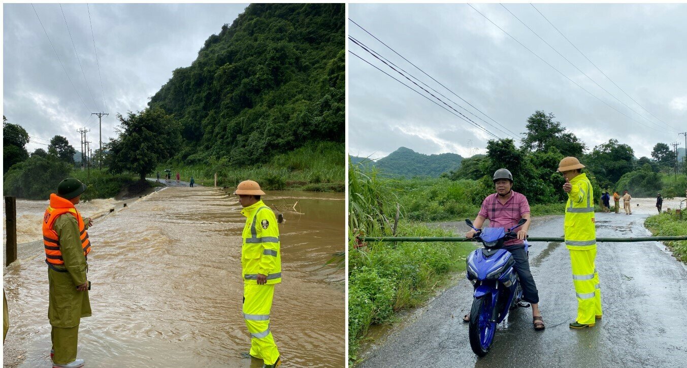 L&atilde;nh đạo C&ocirc;ng an huyện Quỳ Hợp chỉ đạo lực lượng Cảnh s&aacute;t giao th&ocirc;ng kiểm tra, chốt chặn c&aacute;c cầu tr&agrave;n khi nước lũ d&acirc;ng, chỉ khi đảm bảo an to&agrave;n mới cho ph&eacute;p người d&acirc;n đi lại. (Ảnh: CANA)