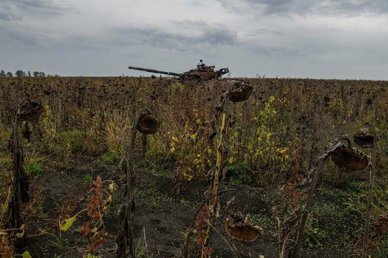 X&aacute;c xe tăng Nga nằm tr&ecirc;n c&aacute;nh đồng tại khu vực Kharkiv, Ukraine.  Ảnh - Reuters