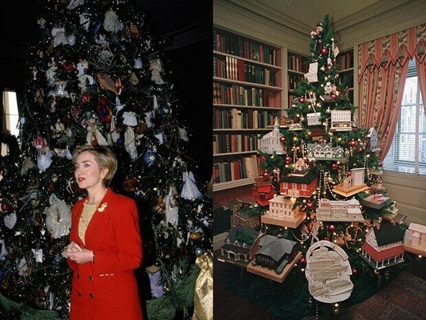Hai bức ảnh cho thấy Cựu Đệ nhất phu nh&acirc;n Hillary Clinton trang tr&iacute; c&acirc;y Gi&aacute;ng sinh năm 1993 với những m&oacute;n đồ nghệ thuật v&agrave; v&agrave;o năm 2000 với m&ocirc; h&igrave;nh c&aacute;c địa điểm lịch sử. Ảnh - Whitehousehistory