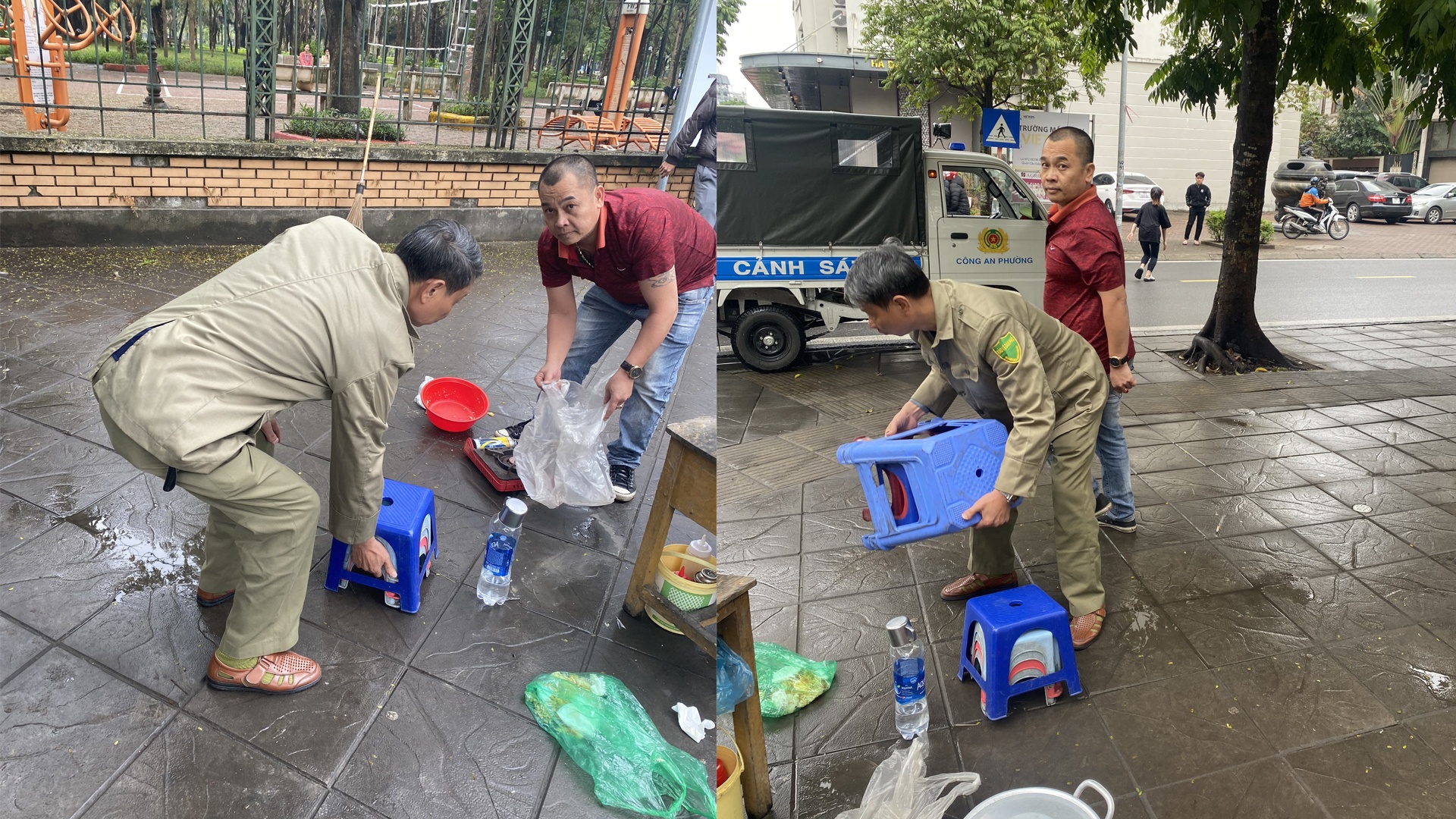 C&ugrave;ng với đ&oacute; l&agrave; thu giữ dụng cụ b&aacute;n nước của c&aacute;c h&agrave;ng qu&aacute;n như b&agrave;n ghế, th&ugrave;ng xốp...