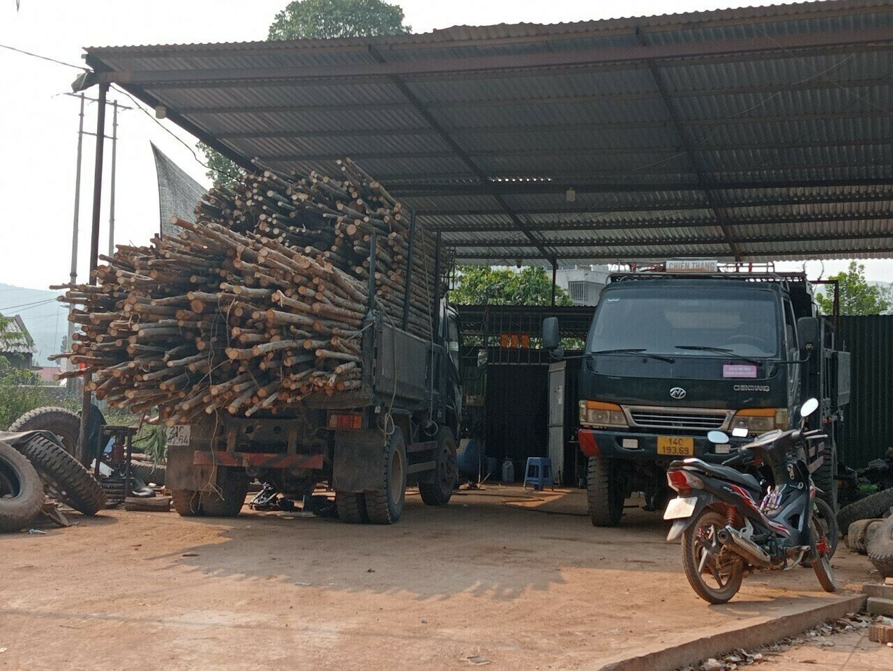 Khi PV muốn cập nhật thông tin xử lý xe chở gỗ quá khổ, quá tải trên địa bàn, thì vị này cho biết, cần thời gian tổng hợp lại. Ảnh: Một chiếc xe chở gỗ keo đang nằm sửa chữa trong xưởng ven Tỉnh lộ 330.