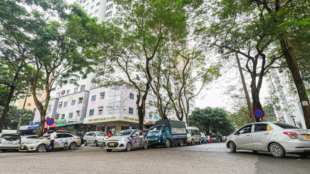 Cũng tại tuyến đường này, hàng loạt xe ô tô bủa vây kín đường quanh các chung cư, vô tư đỗ ở khu vực có biển cấm.