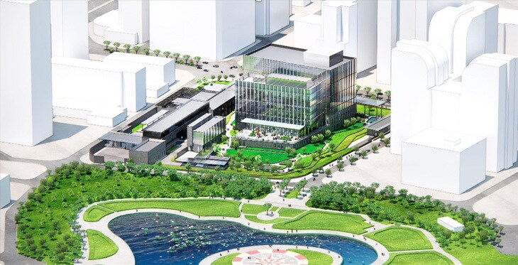 Khu phức hợp c&oacute; diện t&iacute;ch 3,2 hecta, với quy m&ocirc; x&acirc;y dựng 39.000 m2 nằm giữa kh&ocirc;ng gian th&agrave;nh phố v&agrave; c&ocirc;ng vi&ecirc;n Cầu Giấy, H&agrave; Nội. Thiết kế t&ograve;a nh&agrave; được lấy cảm hứng từ vịnh Hạ Long.
Thiết kế cảnh quan của khu phức hợp được lấy cảm hứng từ truyền thống n&ocirc;ng nghiệp trồng trọt v&agrave; sản xuất l&uacute;a gạo, như địa h&igrave;nh của Đồng bằng S&ocirc;ng Cứu Long v&agrave; Đồng bằng s&ocirc;ng Hồng. (Ảnh: ĐSQ Mỹ)