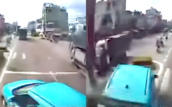 Tạt đầu chuyển làn ẩu, xe con lao thẳng lên dải phân cách