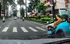 Taxi bất ngờ vượt phải húc bay xe máy đang qua đường