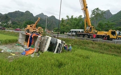 Xe tải mất lái lao xuống ruộng, bột sắn vung khắp nơi