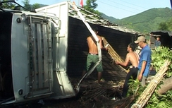 Xe tải leo vỉa hè "cày nát" nhiều cây xanh, tường nhà dân