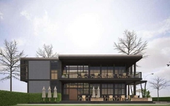 Nhà khung thép sang trọng, đẹp như biệt thự với bể bơi xanh ngắt