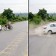 Vượt xe tốc độ cao, ô tô mất lái xoay 180 độ sau cú đánh lái tránh xe đạp